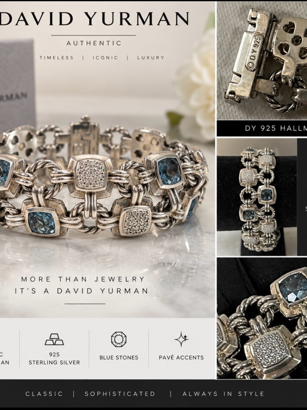 David Yurman Sterling Silver Bracelet with Blue Stones and Pavé Accents